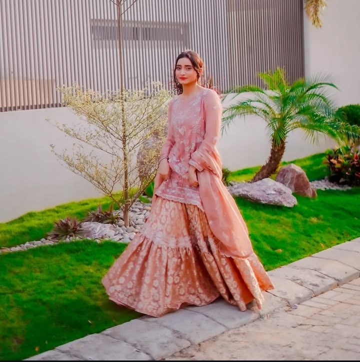 Tea Pink Peach Banarsi Sharara – 3 Piece Set