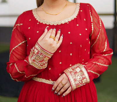 "Mehru" Crimson Red chiffon maxi 3-piece set