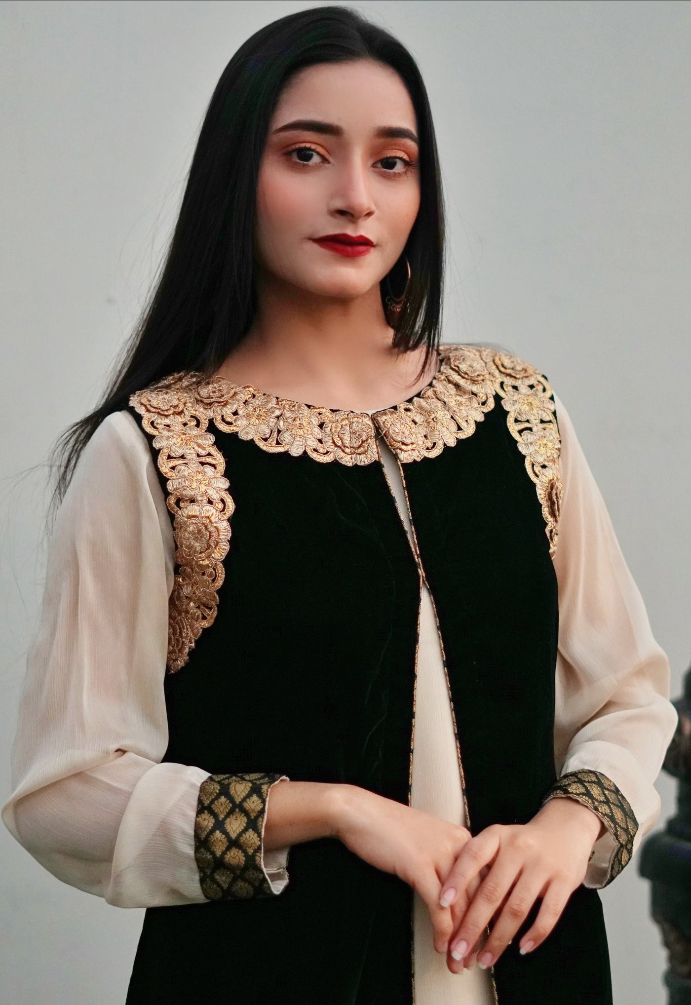 Black and Cream 4-Piece Velvet Suit