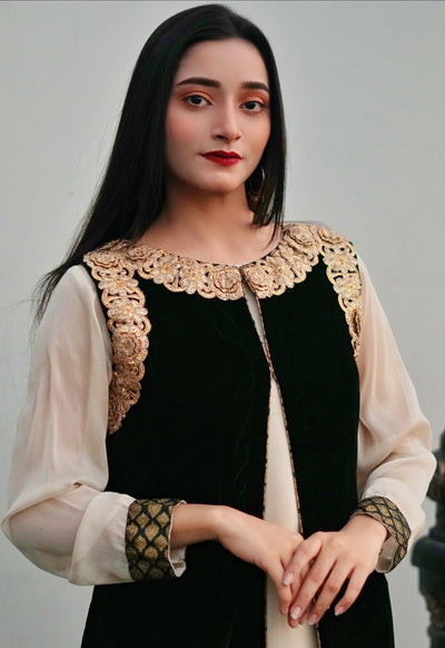 Black and Cream 4-Piece Velvet Suit