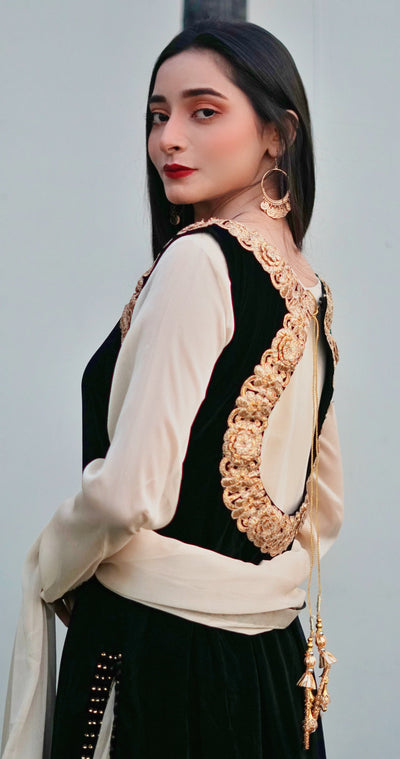 Black and Cream 4-Piece Velvet Suit