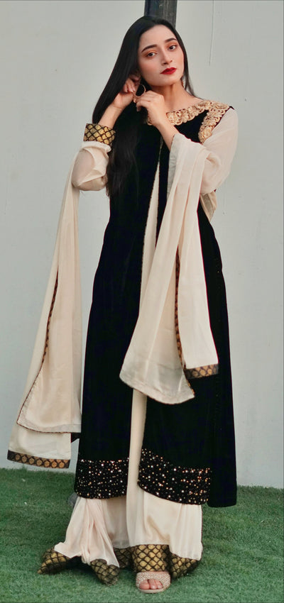 Black and Cream 4-Piece Velvet Suit