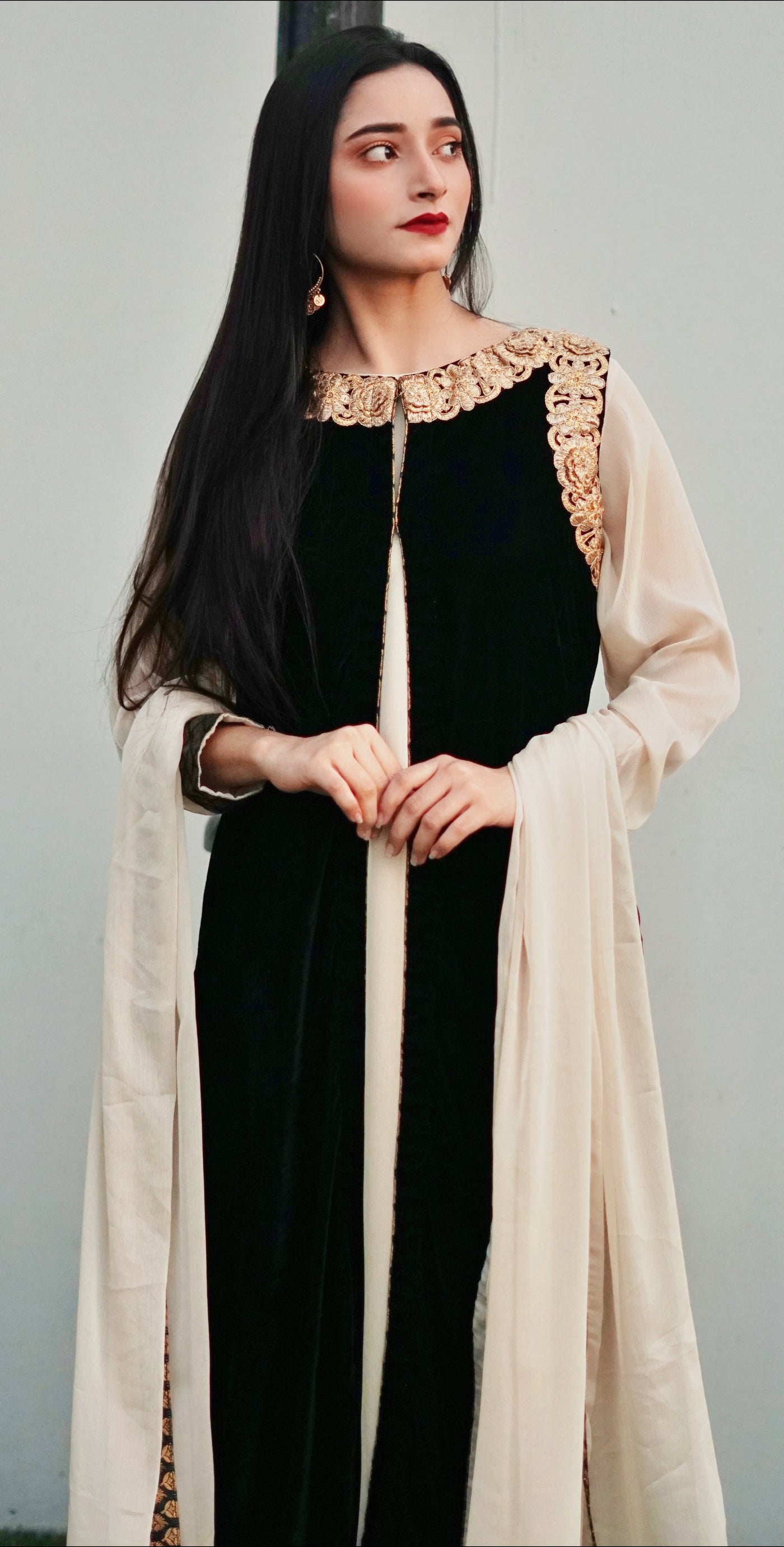 Black and Cream 4-Piece Velvet Suit