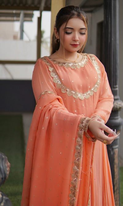 "Afreen" Solid Coral Orange Maxi – 3 Piece Set