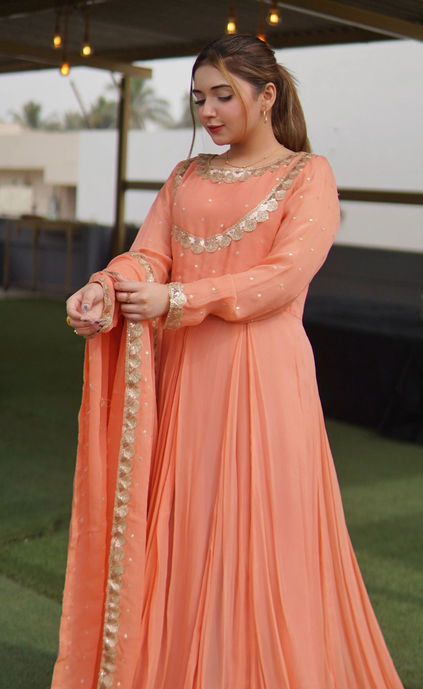 "Afreen" Solid Coral Orange Maxi – 3 Piece Set