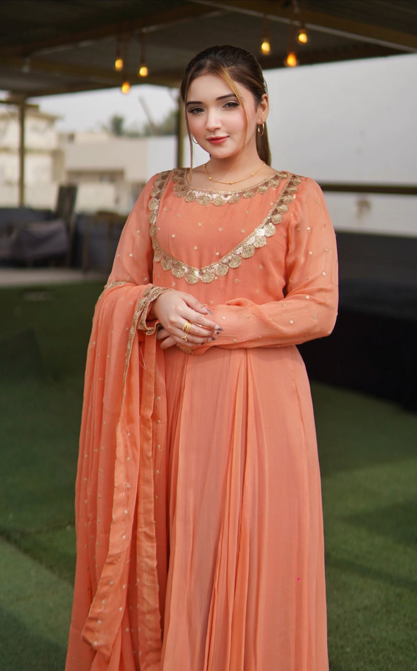 "Afreen" Solid Coral Orange Maxi – 3 Piece Set