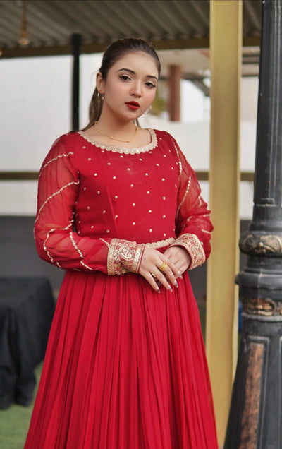 "Mehru" Crimson Red chiffon maxi 3-piece set